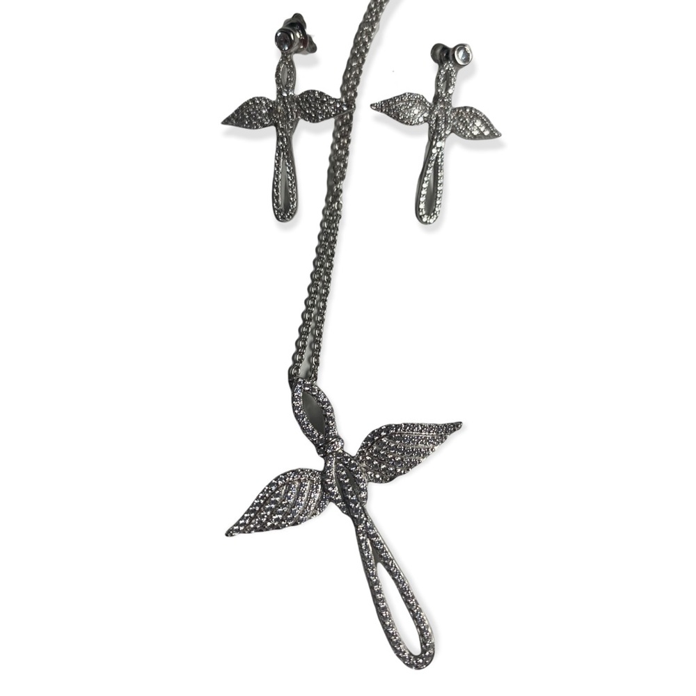 Angel Wings Cross Pendant And Earrings Set